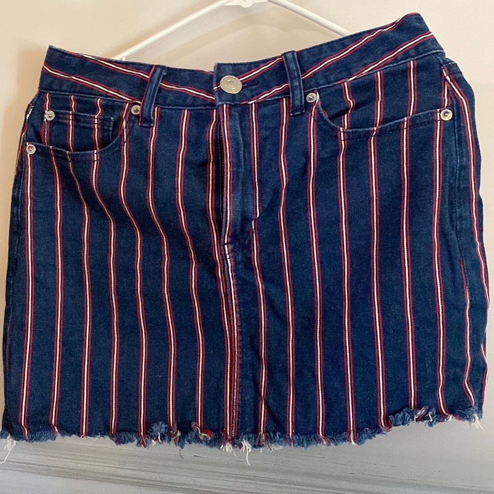 Striped jean skirt.